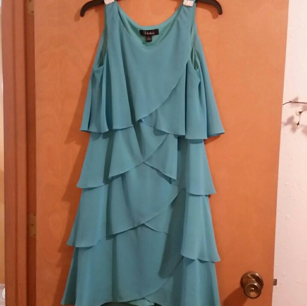 S.L. Fashions Turquoise Tiered Cocktail Dress
